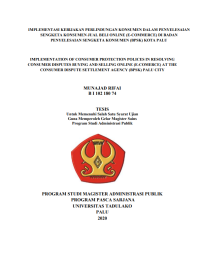 Image of IMPLEMENTASI KEBIJAKAN PERLINDUNGAN KONSUMEN DALAM PENYELESAIAN 
SENGKETA KONSUMEN JUAL BELI ONLINE (E-COMMERCE) DI BADAN 
PENYELESAIAN SENGKETA KONSUMEN (BPSK) KOTA PALU